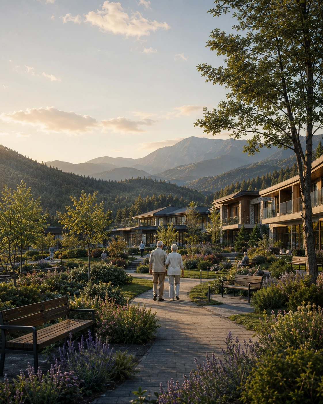 Älteres Paar in der Landschaftsanlage eines Care-Komplexes