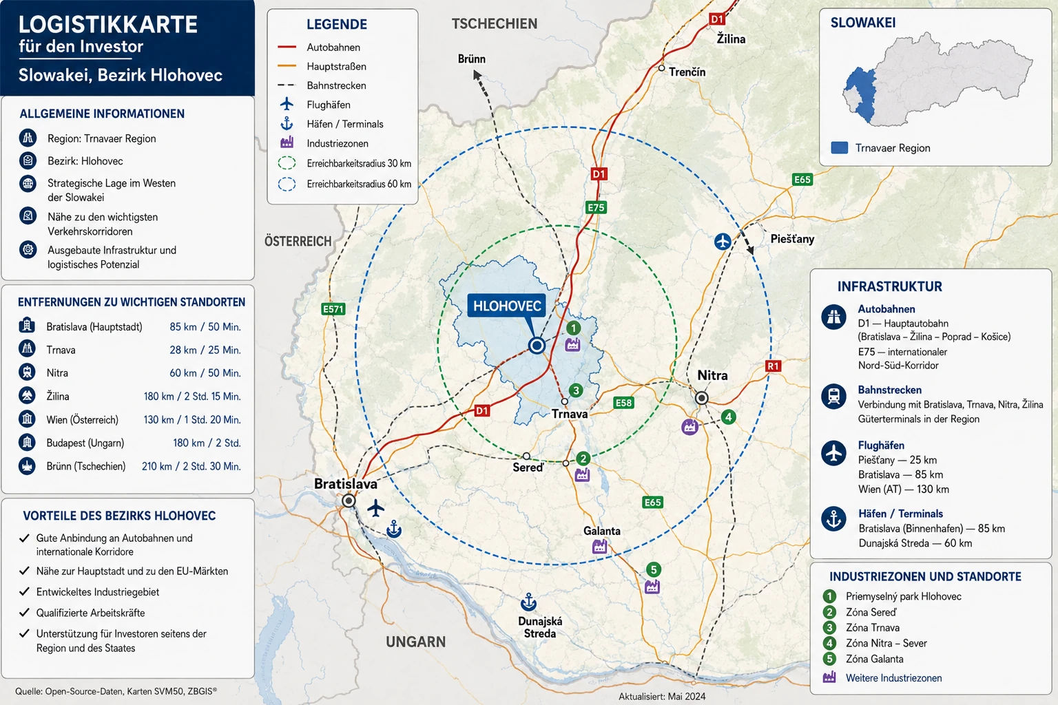 Logistikkarte des Raums Hlohovec, Slowakei